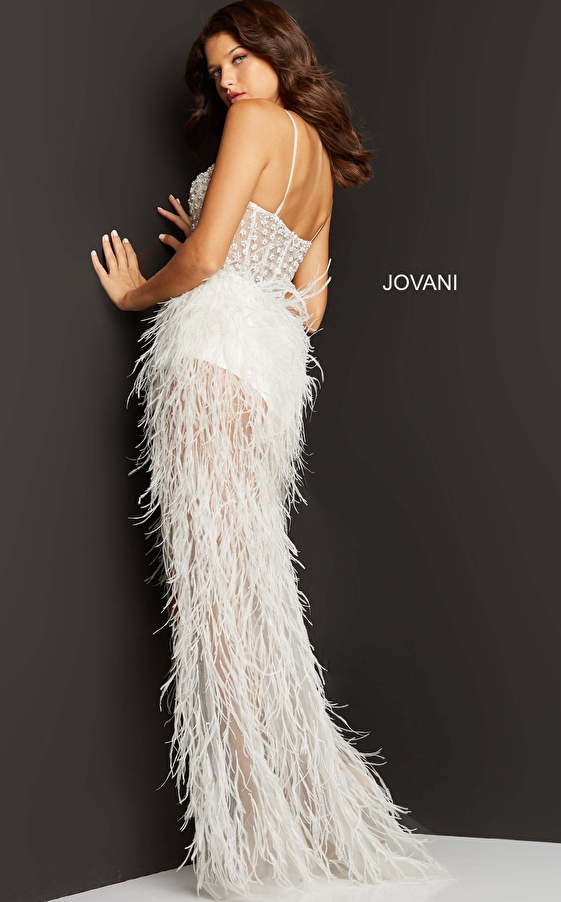 Jovani 07591 Off White Feather Embellished Prom Dress